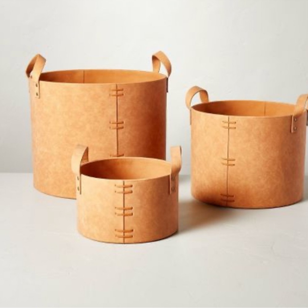 NWT Hearth and Hand With Magnolia SMALL Faux Leather Storage Bin Camel Brown - Picture 2 of 4